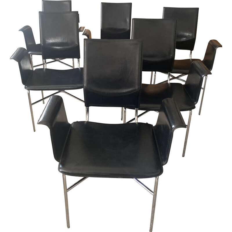 Ensemble de 6 fauteuils vintage en cuir noir par Ross Little pour Matteo Grasssi, 1980