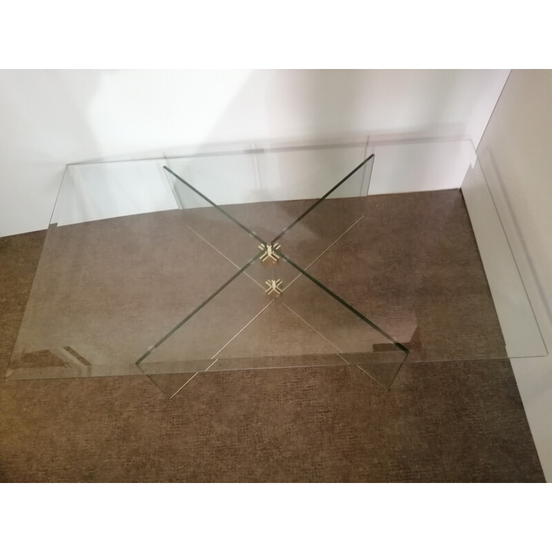 Vintage coffee table in tempered glass and brass by Leon Rosen for Pace Collection, 1970
