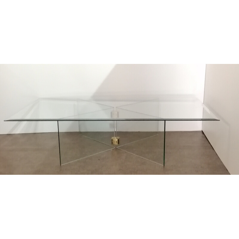 Table basse vintage en verre trempé et laiton de Léon Rosen pour Pace Collection, 1970