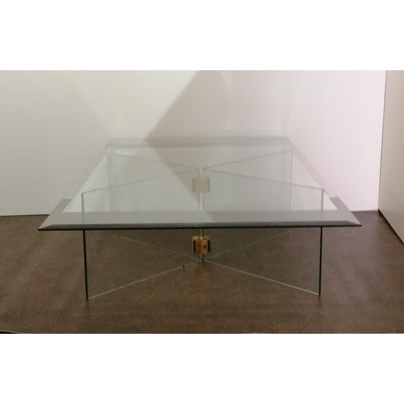 Table basse vintage en verre trempé et laiton de Léon Rosen pour Pace Collection, 1970
