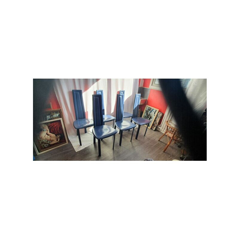 Conjunto de 6 cadeiras vintage em pele azul de David Lange, 1970-1980