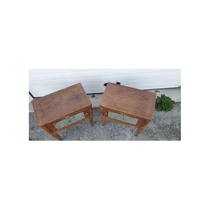 Pair of vintage wood, brass and mirror nightstands, 1960-1970