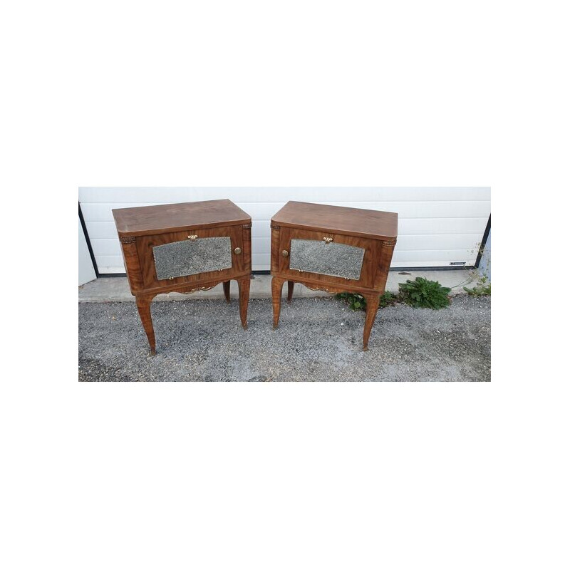 Coppia di comodini vintage in legno, ottone e specchio, 1960-1970