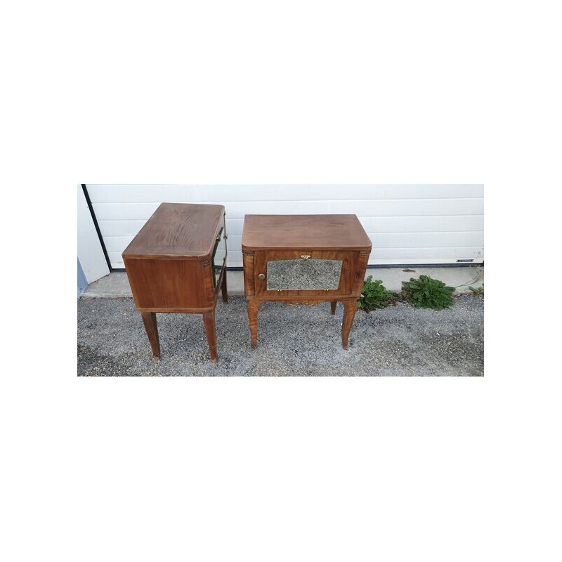Paire de tables de nuit vintage en bois, laiton et miroir, 1960-1970