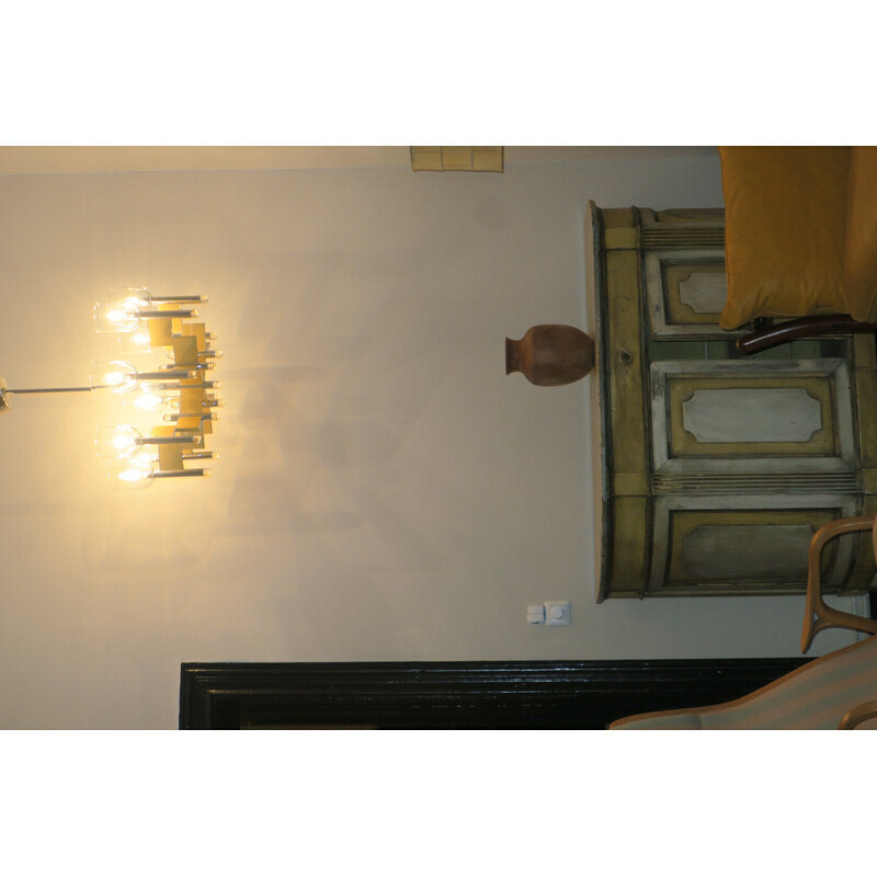 Italian vintage 8-arm brass and glass chandelier by Gaetano Sciolari, 1970s