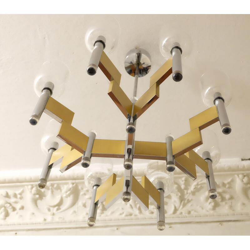 Italian vintage 8-arm brass and glass chandelier by Gaetano Sciolari, 1970s