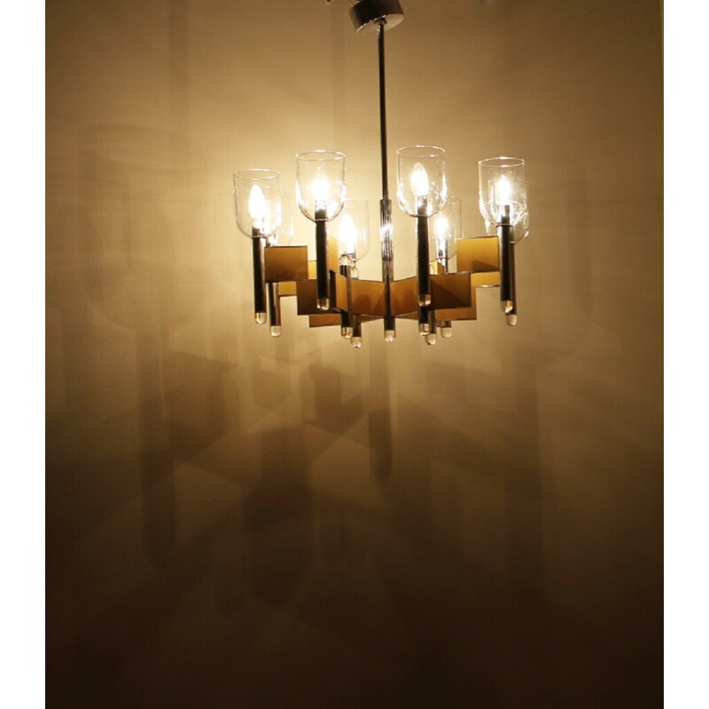 Italian vintage 8-arm brass and glass chandelier by Gaetano Sciolari, 1970s