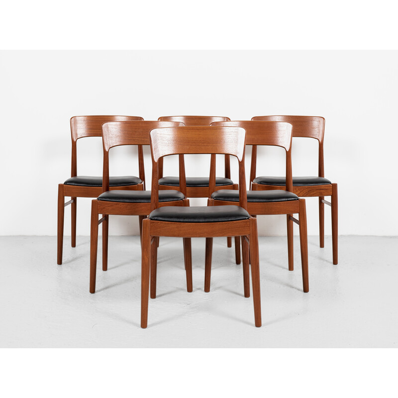 Ensemble de 6 chaises vintage en teck et skaï noir par Henning Kjaernulf pour Korup Stolefabrik