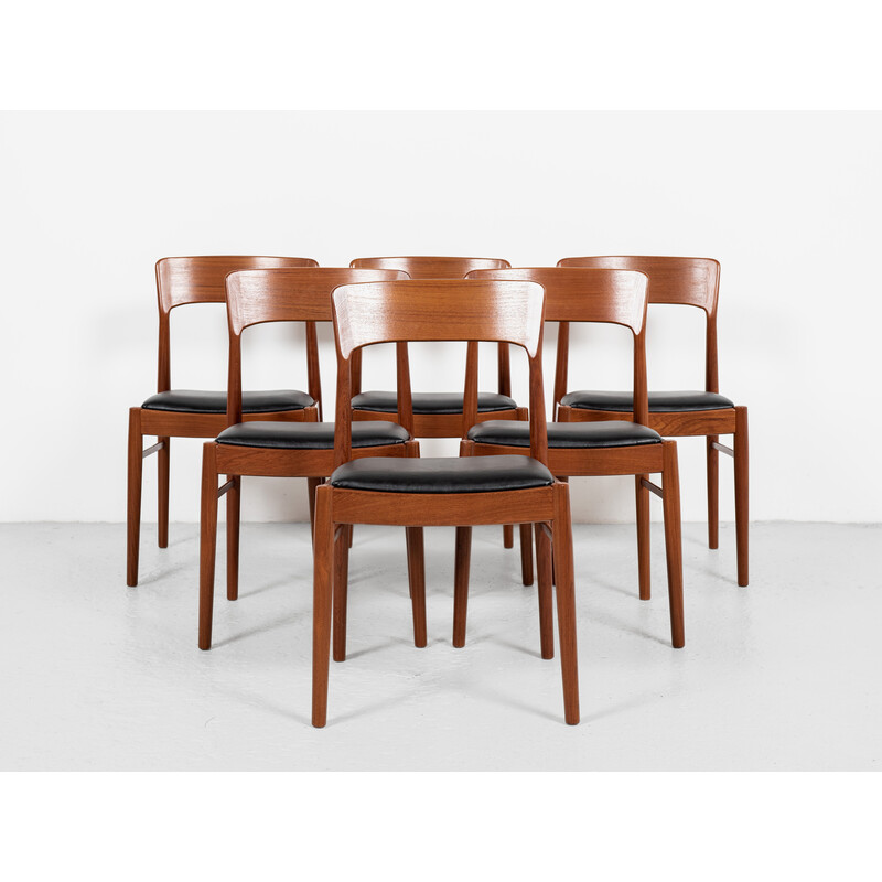 Set of 6 vintage dining chairs in teak and black skai by Henning Kjaernulf for Korup Stolefabrik