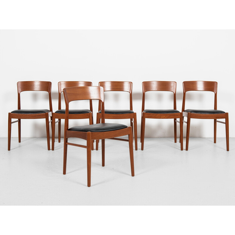 Set of 6 vintage dining chairs in teak and black skai by Henning Kjaernulf for Korup Stolefabrik