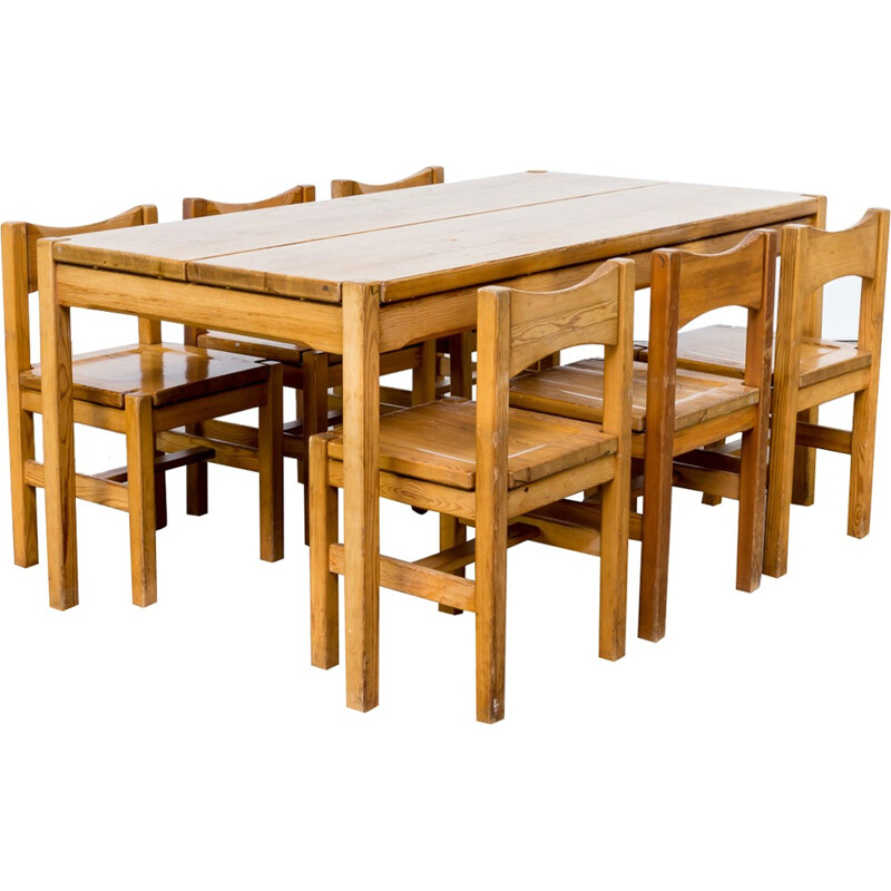 Ilmari Tapiovaara pine wood dinner set table 6 chairs for Laukaan Puu - 1960s