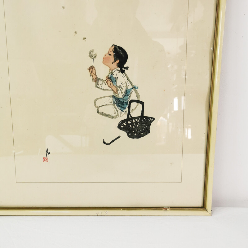 Litografia vintage "Dandelion" de Wu Fan, China 1959