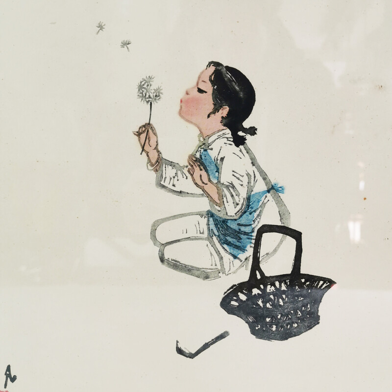 Litografia vintage "Dandelion" de Wu Fan, China 1959