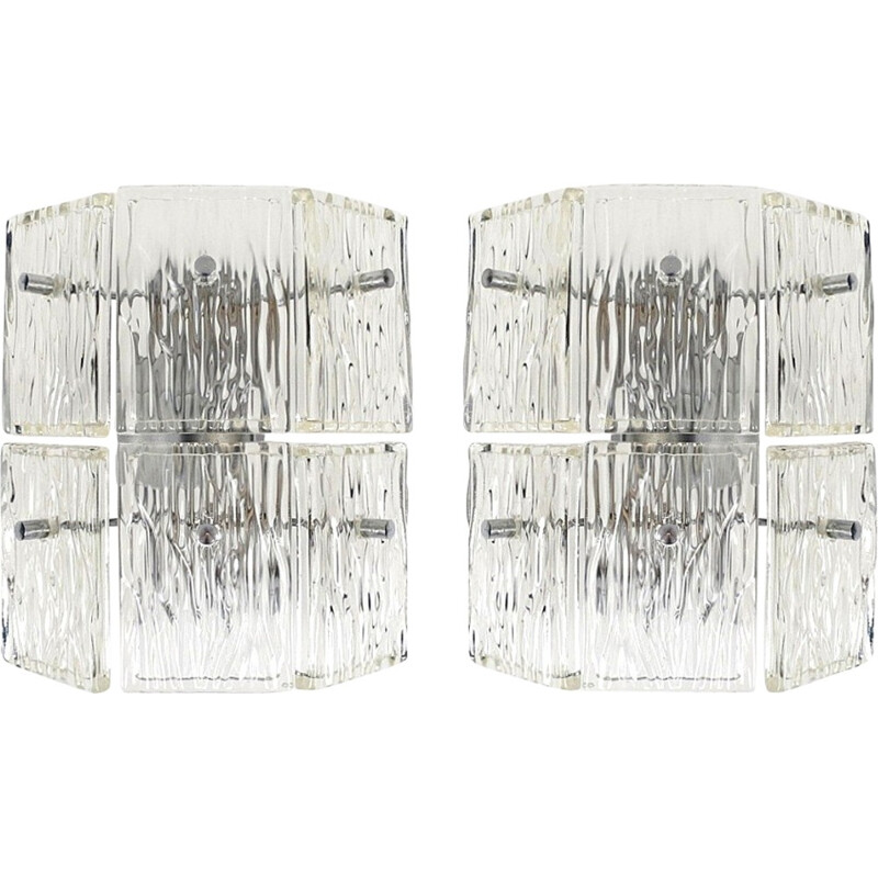Pair of glass and chromed metal wall lights - 1970s