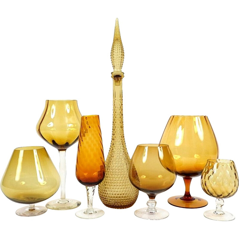Set of Italian glass glasses and bottle - 1960s