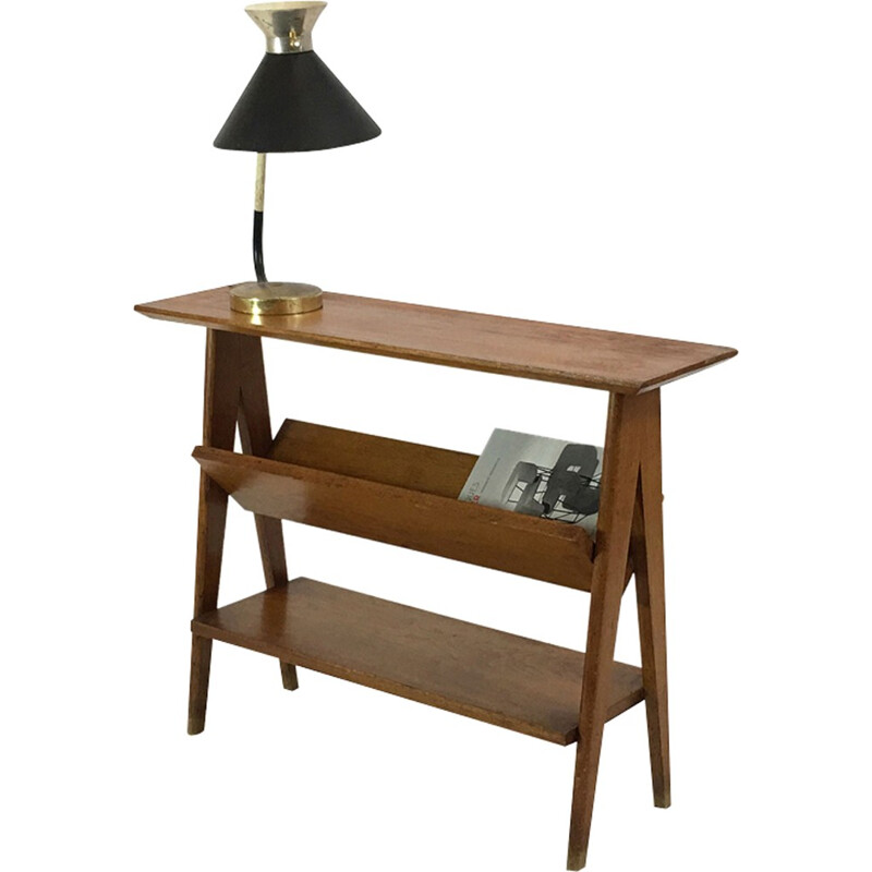 Oak side table with a magazine rack and a shelf - 1950s