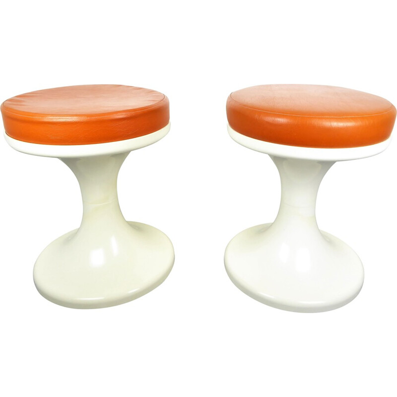 Pair of tulip stools with white hull and orange seat - 1970s