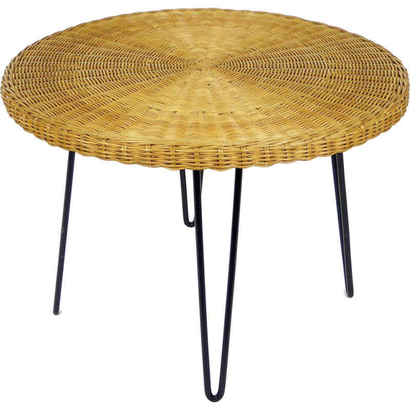 Round pin metal rattan table in black metal - 1950s