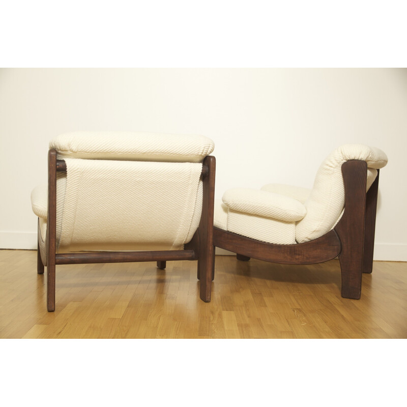 Set of two armchairs in wood and white fabric - 1970s