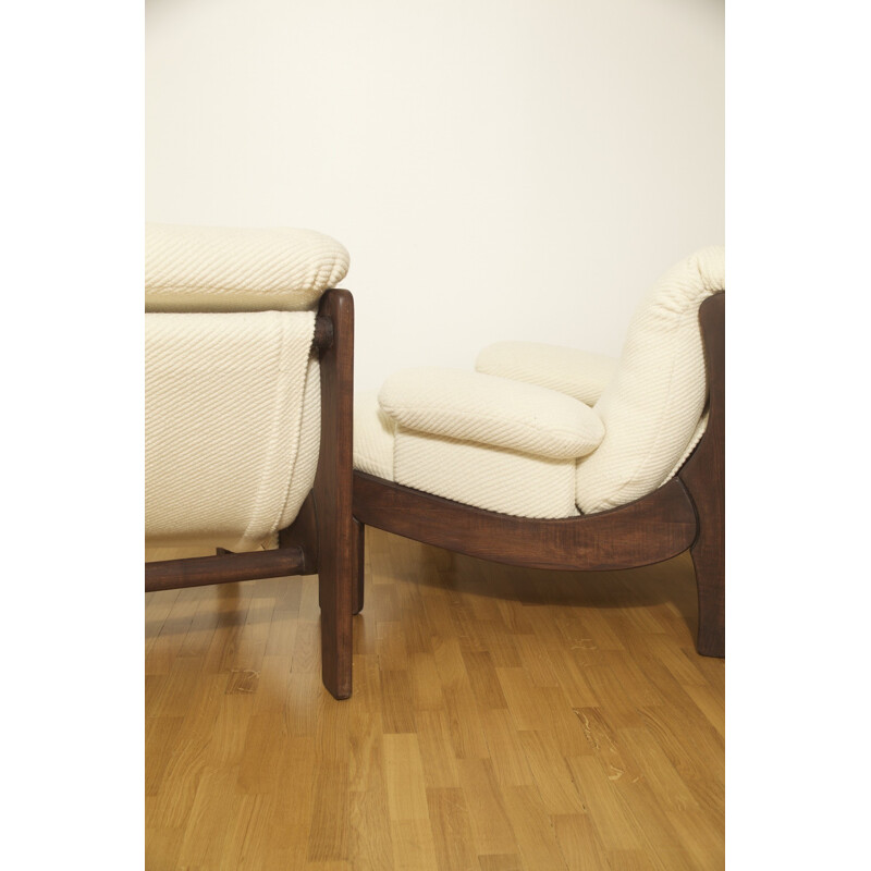 Set of two armchairs in wood and white fabric - 1970s