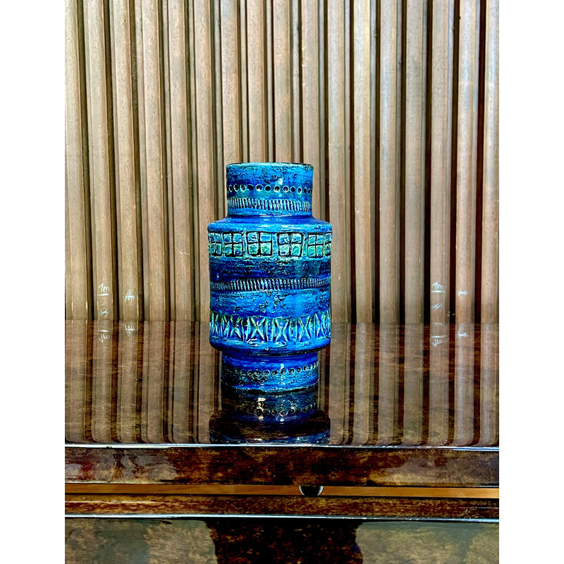 Vintage 'Rimini Blu' glazed ceramic vase by Aldo Londi for Bitossi, Italy 1950s