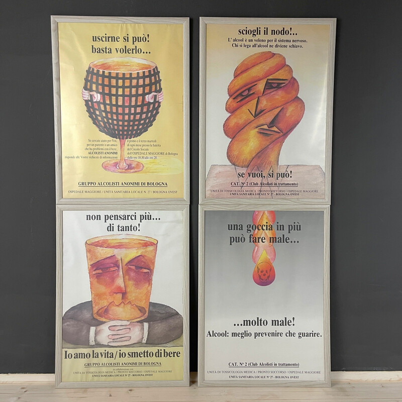 Ensemble de 4 affiches vintage Alcooliques Anonymes par Ennio Tamburi Bologne, Italie 1980