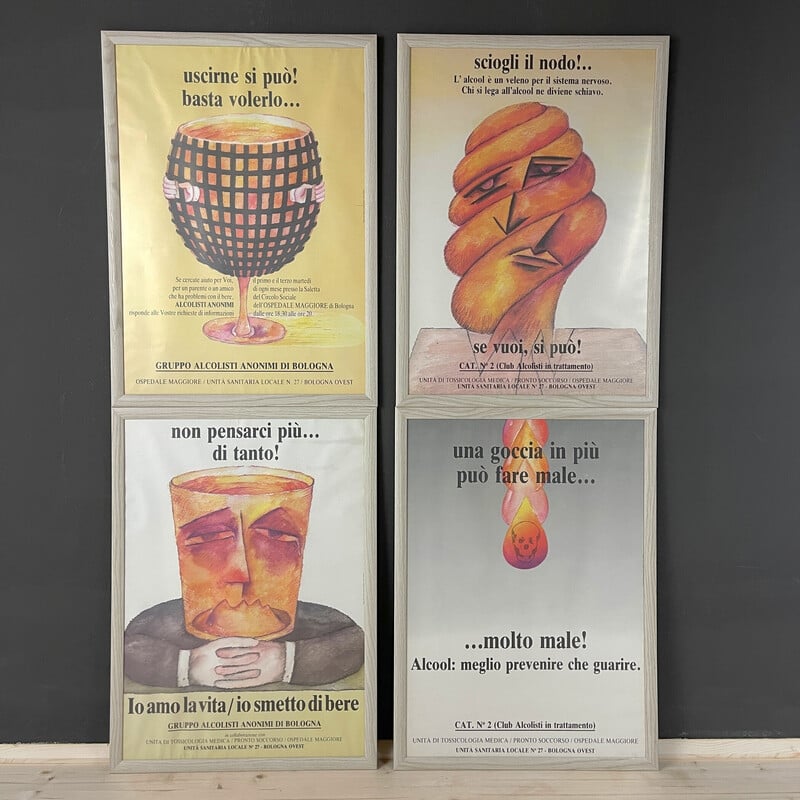 Set di 4 manifesti d'epoca Alcolisti Anonimi di Ennio Tamburi Bologna, Italia anni '80