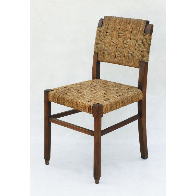 Set of 6 vintage rope cord and oakwood dining chairs, France 1950