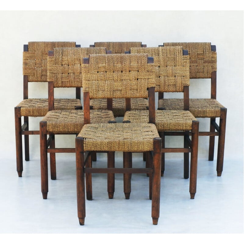 Ensemble de 6 chaises vintage en corde et bois de chêne, France 1950