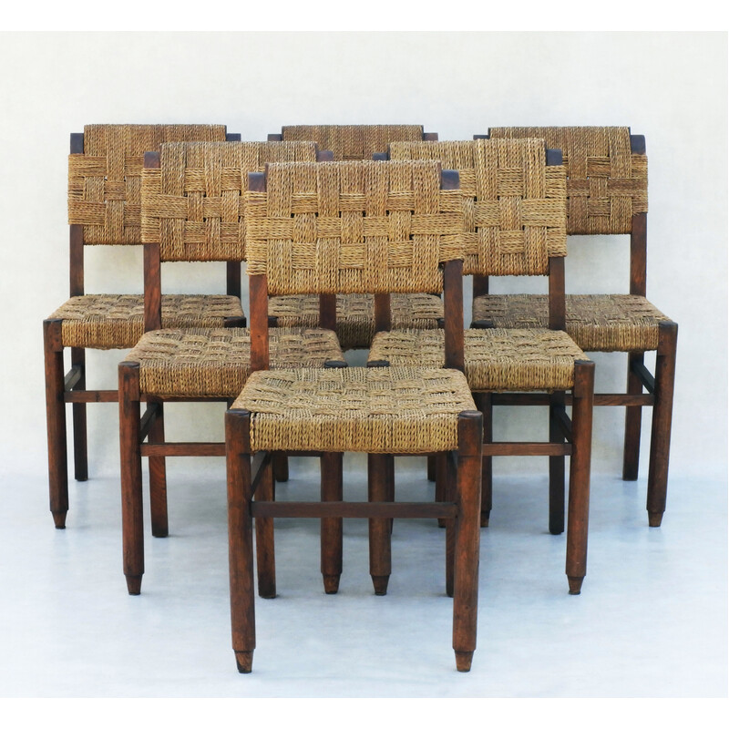 Set of 6 vintage rope cord and oakwood dining chairs, France 1950