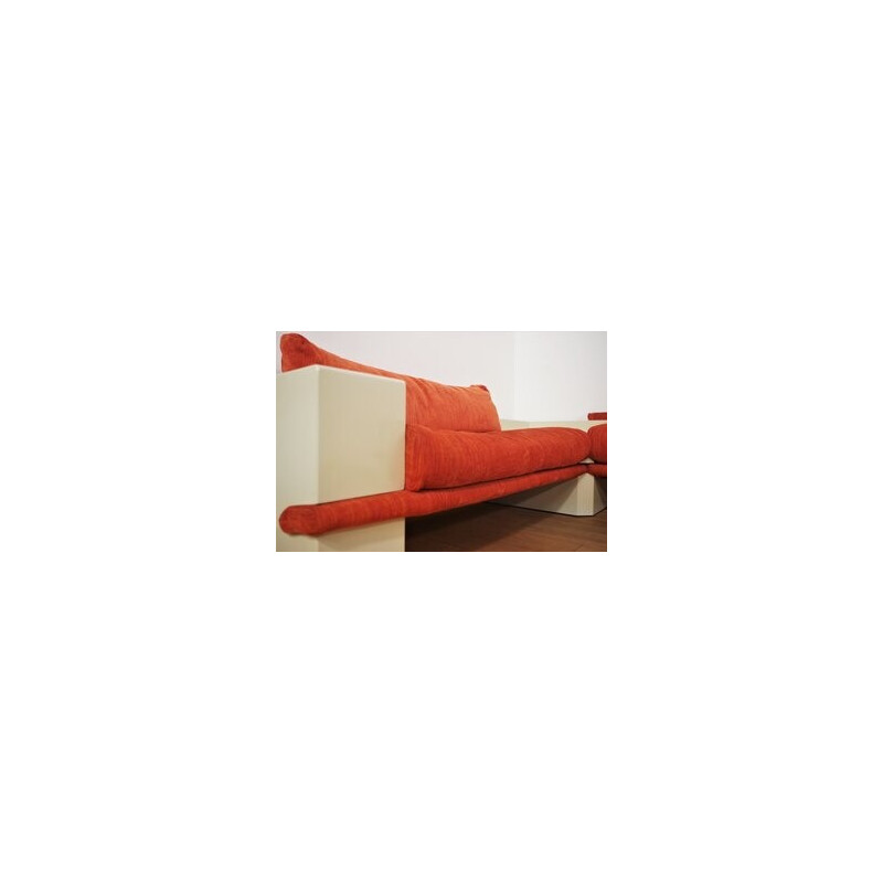 Conjunto de sala de estar modular vintage lacado a branco com tecido laranja
