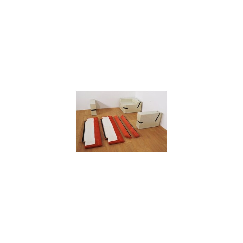 Weiß lackierte modulare Vintage-Wohnzimmergarnitur mit orangefarbenem Stoff
