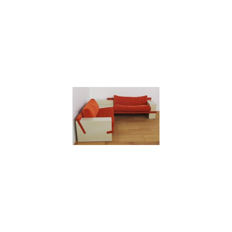 Conjunto modular de salón vintage lacado en blanco con tela naranja