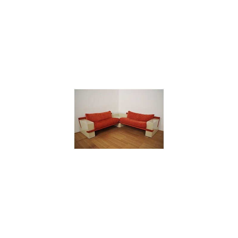 Conjunto de sala de estar modular vintage lacado a branco com tecido laranja