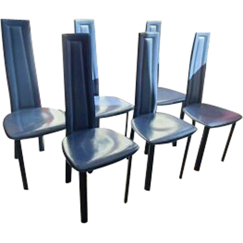 Lot de 6 chaises vintage en cuir bleu de David Lange, 1970-1980