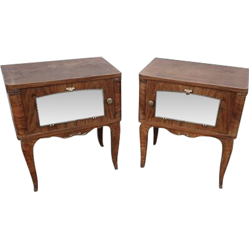 Pair of vintage wood, brass and mirror nightstands, 1960-1970