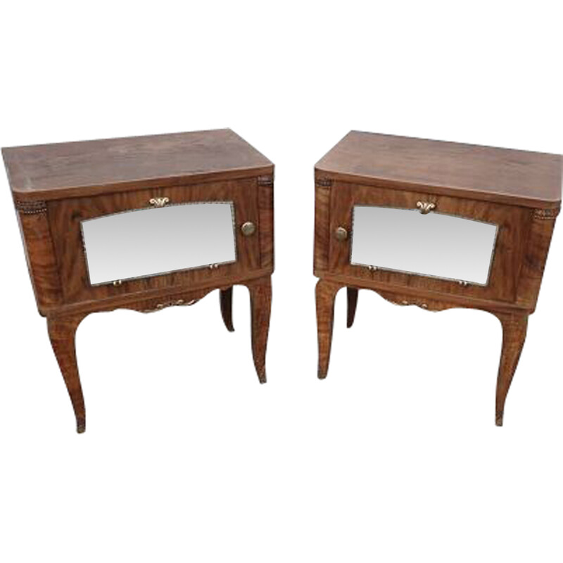 Paire de tables de nuit vintage en bois, laiton et miroir, 1960-1970