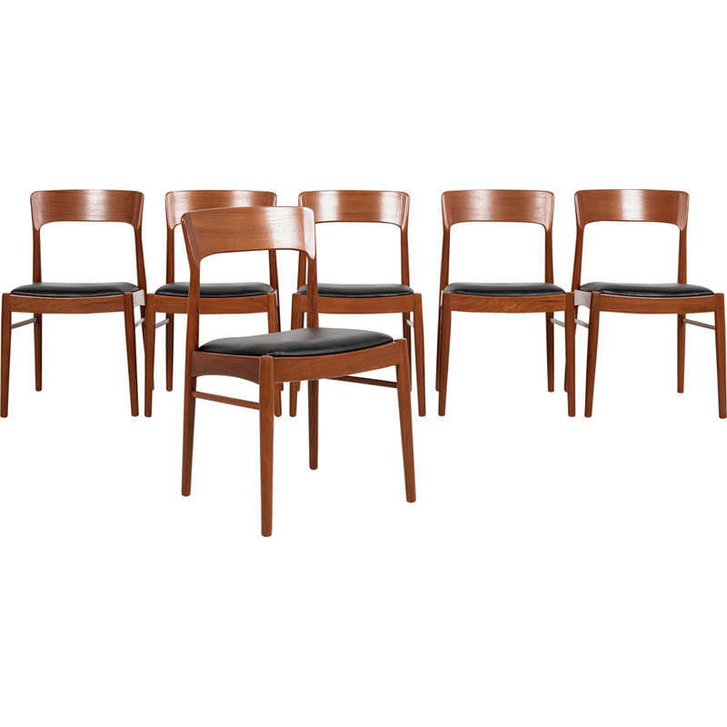 Set of 6 vintage dining chairs in teak and black skai by Henning Kjaernulf for Korup Stolefabrik