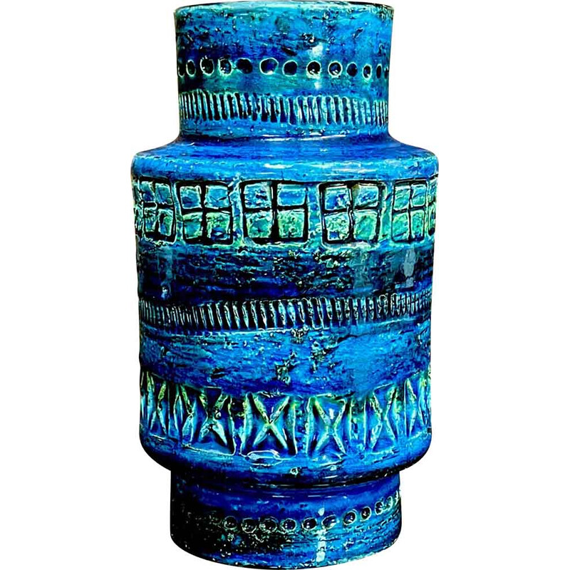 Vintage 'Rimini Blu' glazed ceramic vase by Aldo Londi for Bitossi, Italy 1950s