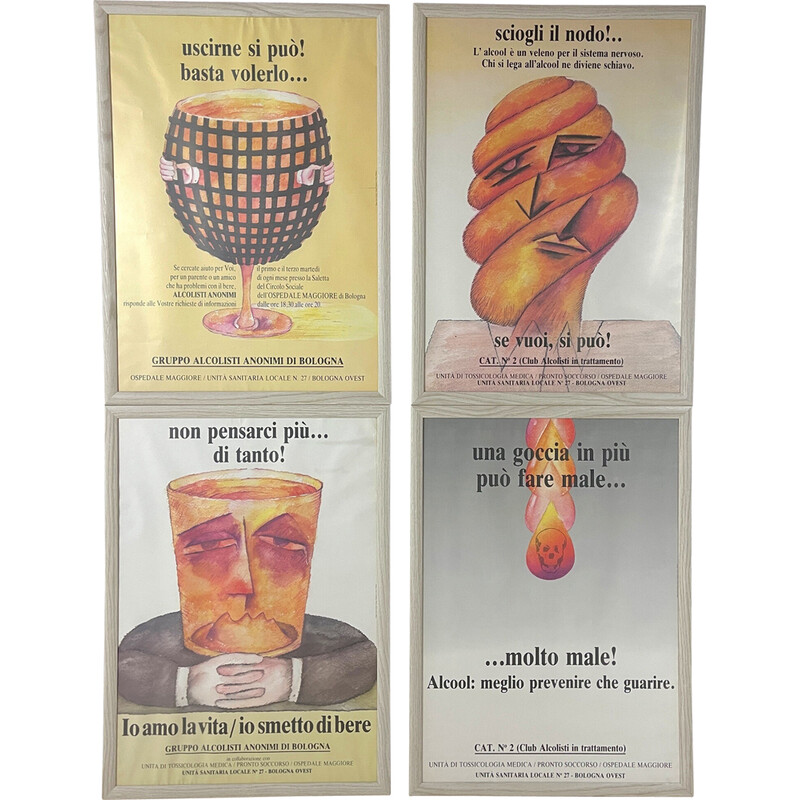 Conjunto de 4 cartazes vintage Alcoólicos Anónimos por Ennio Tamburi Bolonha, Itália 1980s