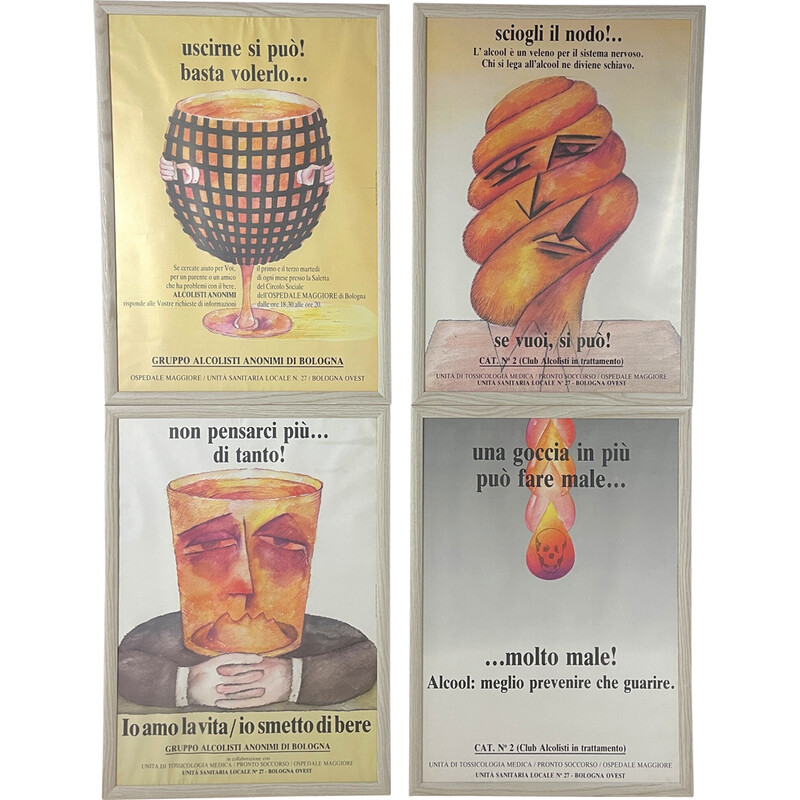 Lote de 4 carteles vintage Alcohólicos Anónimos por Ennio Tamburi Bolonia, Italia Años 80