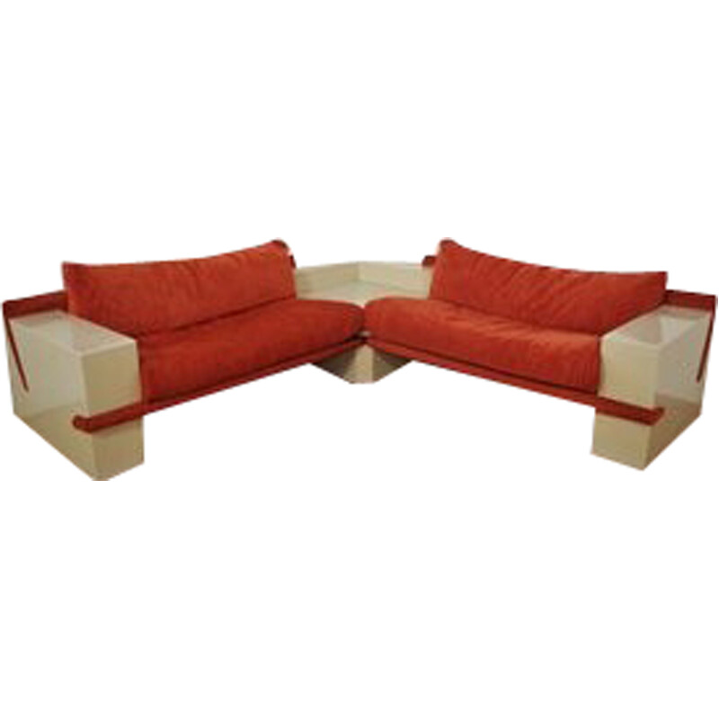 Vintage white lacquered modular living room set with orange fabric