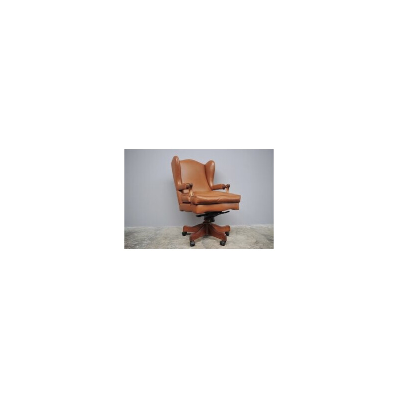 Vintage leather and wood office armchair, Italy 1980