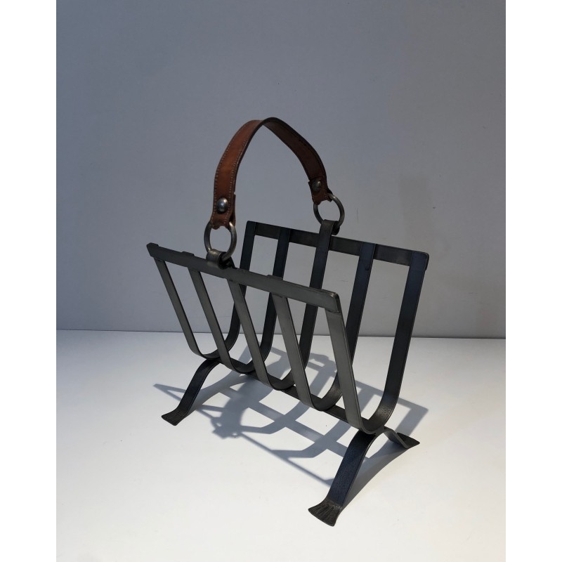 Vintage steel and leather magazine rack, 1950