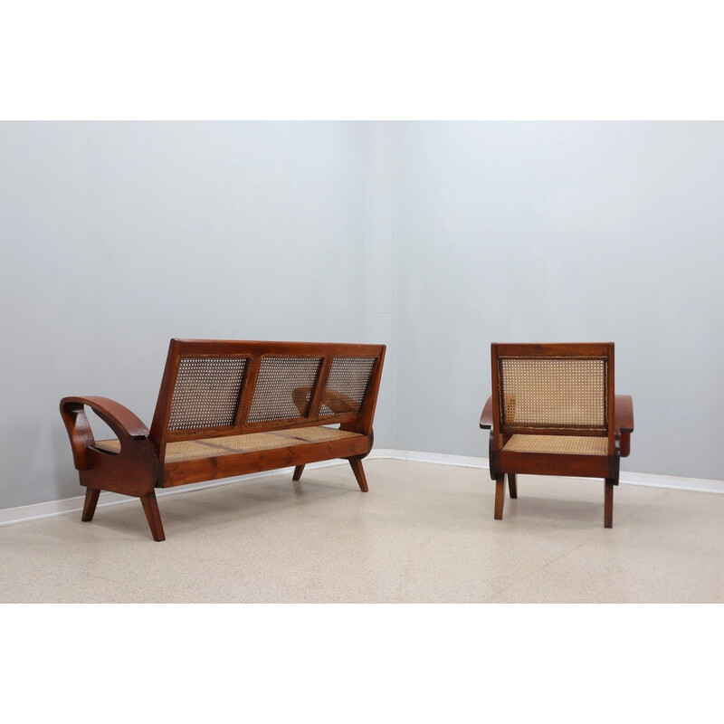 Mid century teak wood and Vienna straw living room set, 1950s