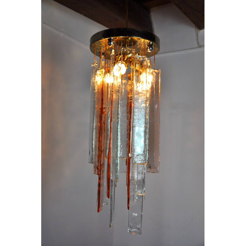 Vintage Poliarte chandelier in pink and transparent Murano glass by Albano Poli, Italy 1970