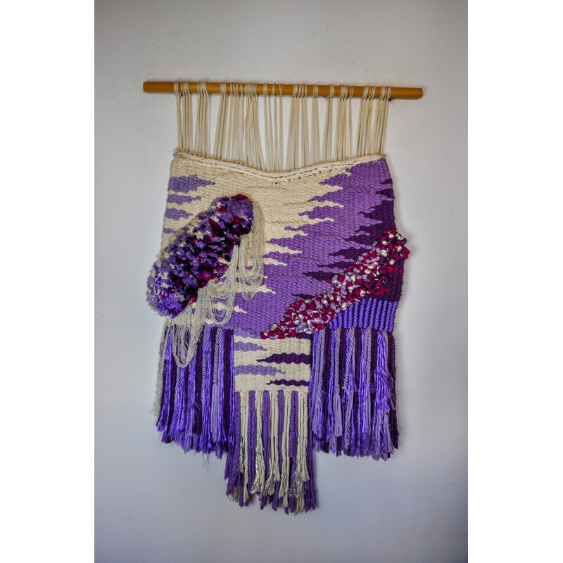 Vintage purple textured macrame wall tapestry, Spain 1970