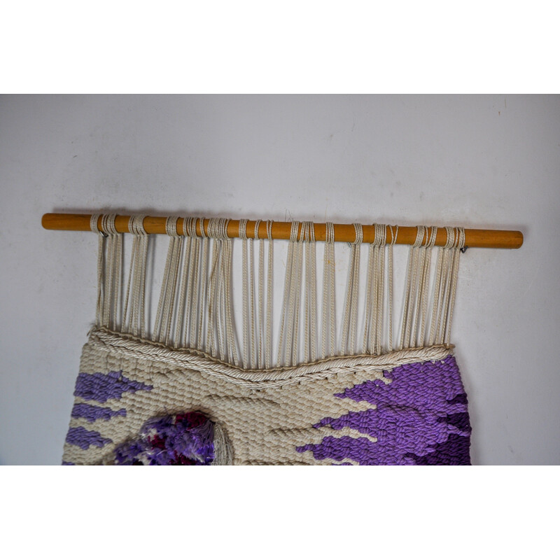 Vintage purple textured macrame wall tapestry, Spain 1970