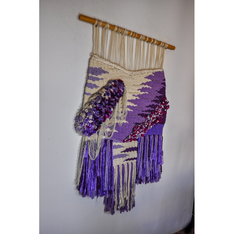 Vintage paars geweven macrame wandkleed, Spanje 1970