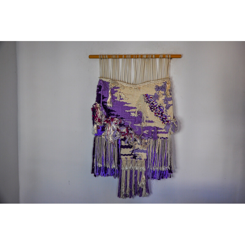 Vintage purple textured macrame wall tapestry, Spain 1970